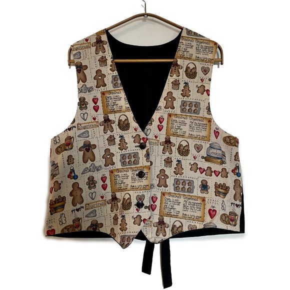VTG Handmade Vest Women Large Tan Black Gingerbread Granny 90s Xmas Cottagecore - Picture 1 of 12